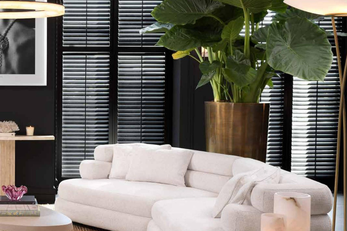 Modernes Wohnzimmer mit beigem Sofa und großer Pflanze