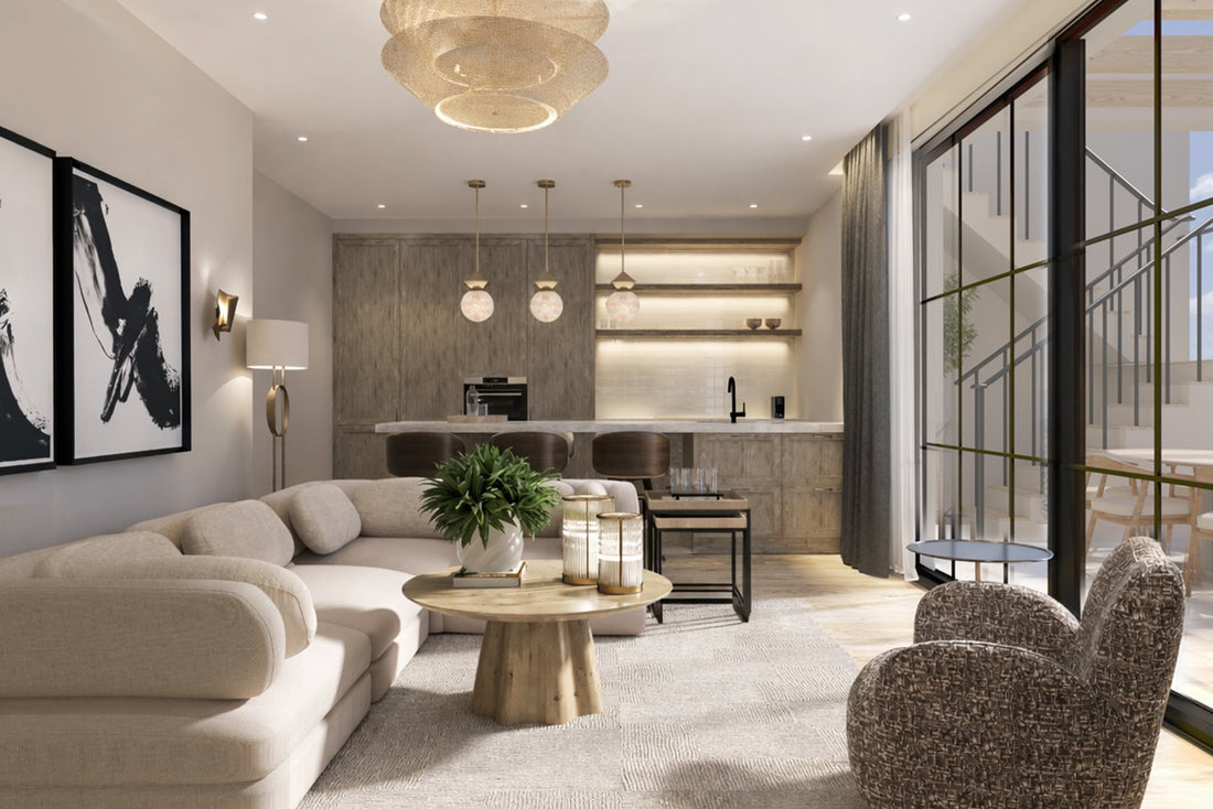 Modernes Wohnzimmer mit integrierter Bar und Terrasse