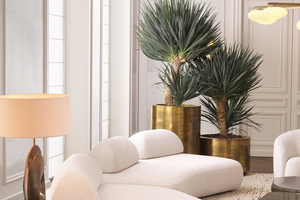 Helles Wohnzimmer mit geschwungenem Sofa und Pflanzen
